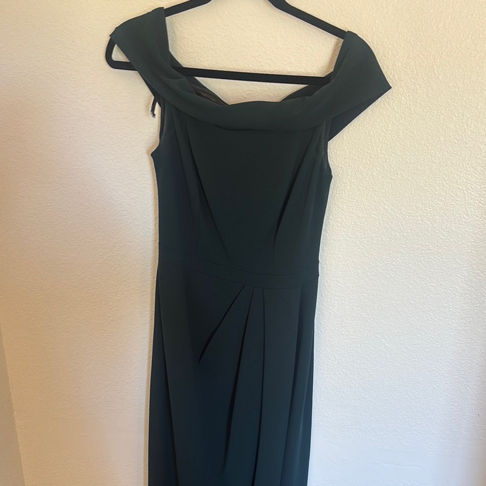 Anthro Elegant Off-Shoulder Dark Green Evening Dress; only worn once